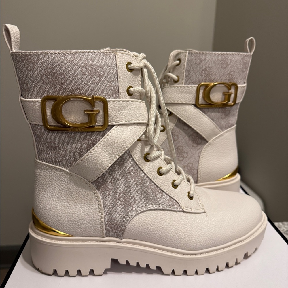 Guess White and Gold Combat Boots